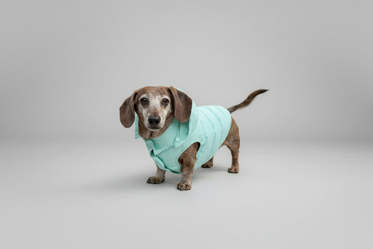 dachshund wearing turquoise puffer coat