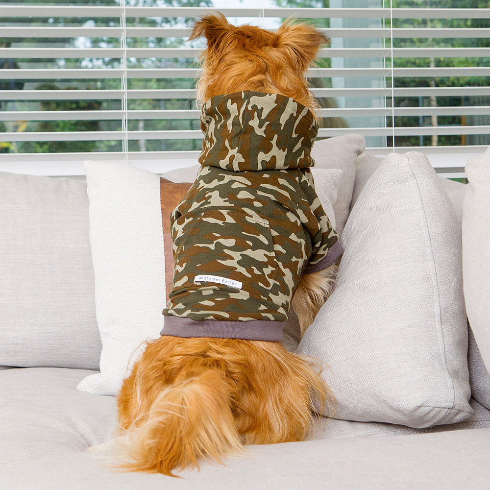 green camo dog hoodie, camo dog sweater, sweaters for dogs, dog clothes, made in canada